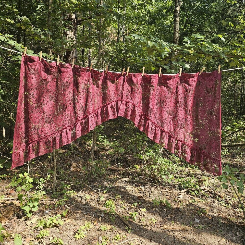 Vintage Burgundy Lace Swag Curtains Pair Ruffled Cottagecore Window Panels
